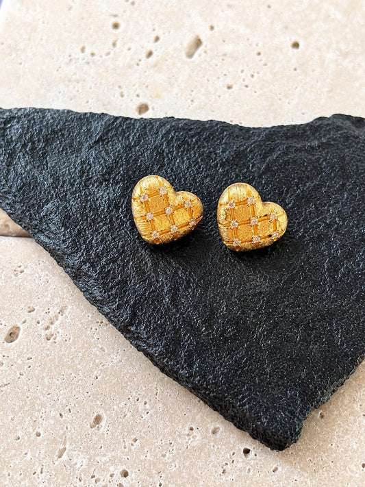 Textured Heart Moissanite Stud Earrings | 18K Gold-Plated 925 Sterling Silver