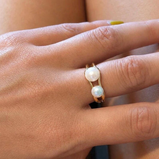 Freshwater Pearl Ring 18K Gold Plated Sterling Silver Adjustable Open Band