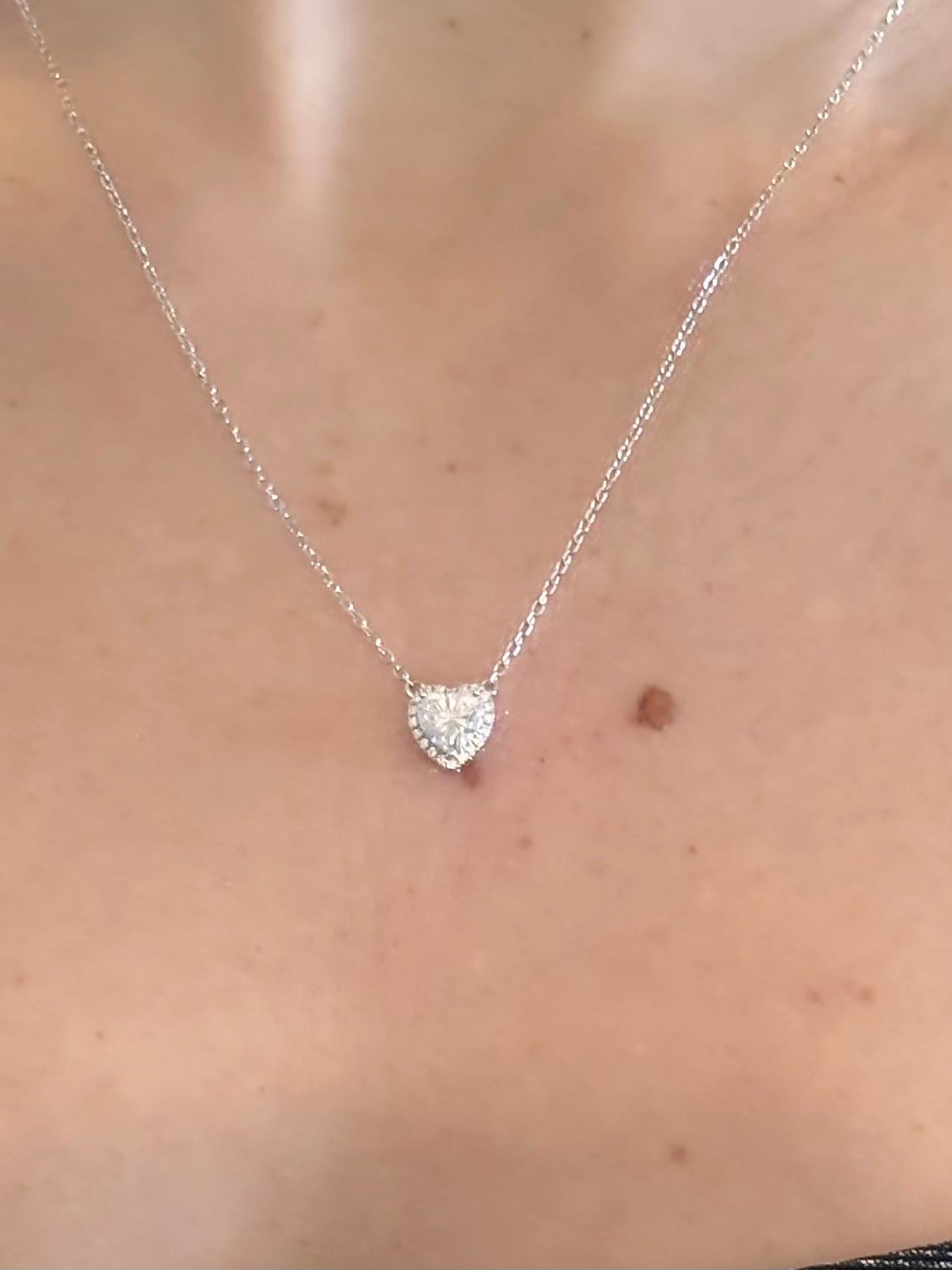 1 Carat Heart Moissanite Necklace, Delicate Halo, Romantic Gift for Her, White Gold Plated