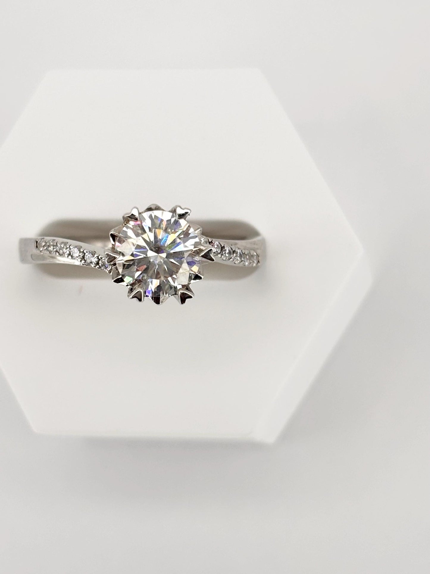 Round Moissanite Halo Ring 1 Carat, Sterling Silver Bridal Ring Diamond Alternative Engagement Jewelry