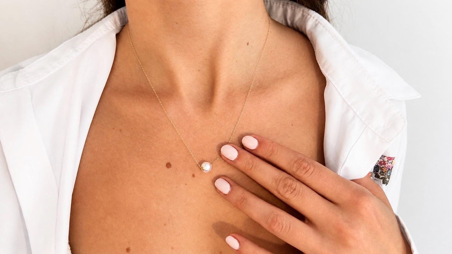 18K Solid Gold Floating Pearl Necklace, Minimalist Freshwater Pendant, Hallmarked Fine Jewelry