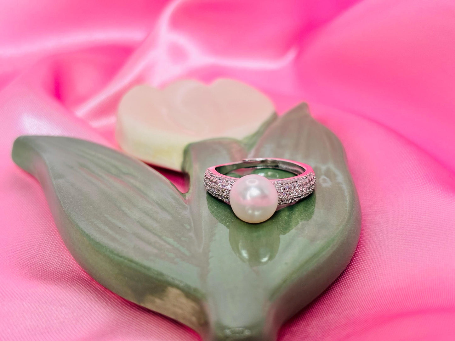 Freshwater Pearl Ring with CZ – Sterling Silver Pavé Band, Adjustable Elegant Jewelry