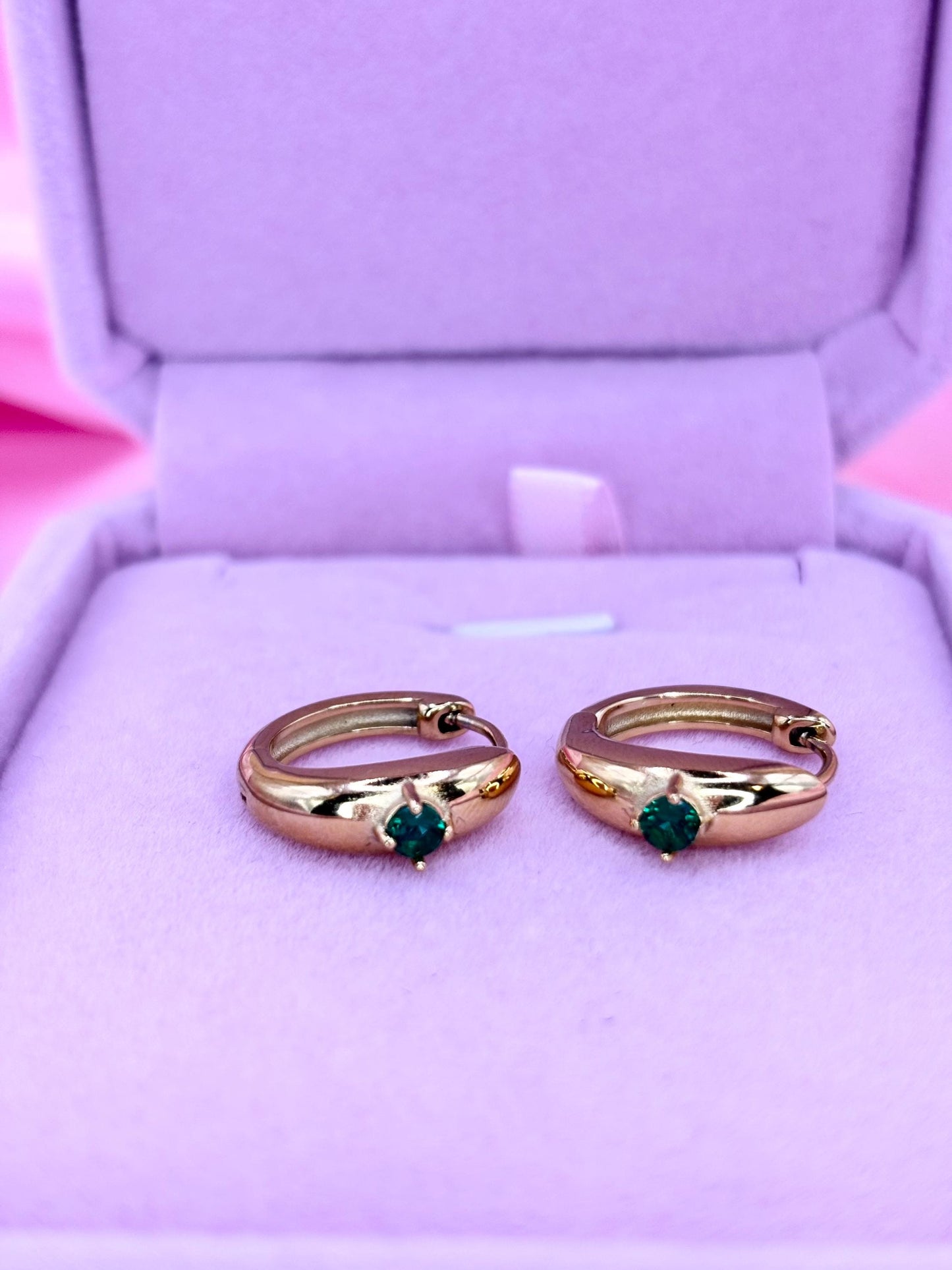 Green CZ Gold Huggie Hoop Earrings – Minimal Gold Plated Hoops with Emerald Tone Stone