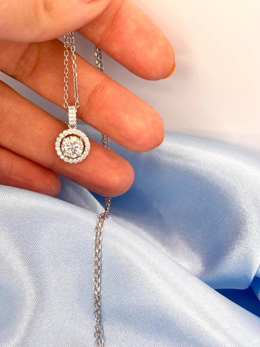 1 Carat Moissanite Halo Necklace, Dainty Everyday Pendant, 18K White Gold Plated Silver Gift