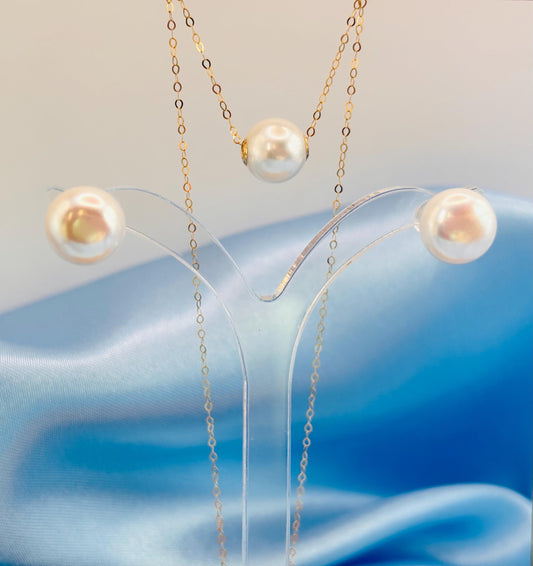 18K Solid Gold Freshwater Pearl Jewellery Set – Floating Pearl Necklace & Stud Earrings