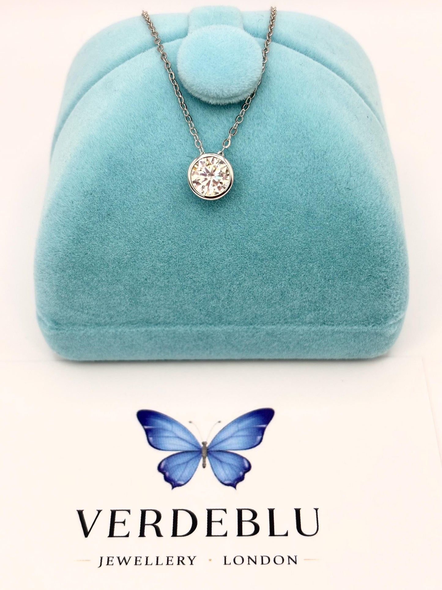 Bezel Set Moissanite Necklace – Dainty Floating Solitaire Pendant in Sterling Silver