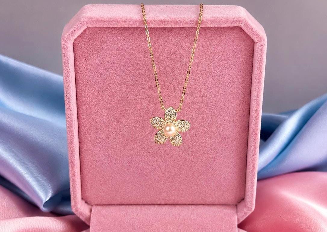 Pavé Moissanite Flower Necklace, Freshwater Pearl Pendant, Gold Plated Sterling Silver