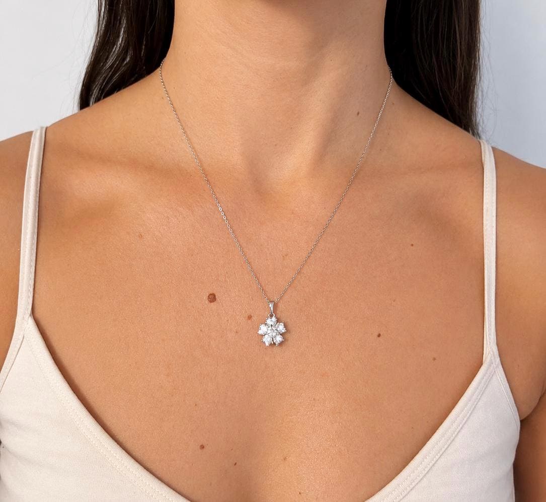 Moissanite Flower Pendant Necklace, 2 Carat Sterling Silver, Floral Jewellery, Sparkly Necklace