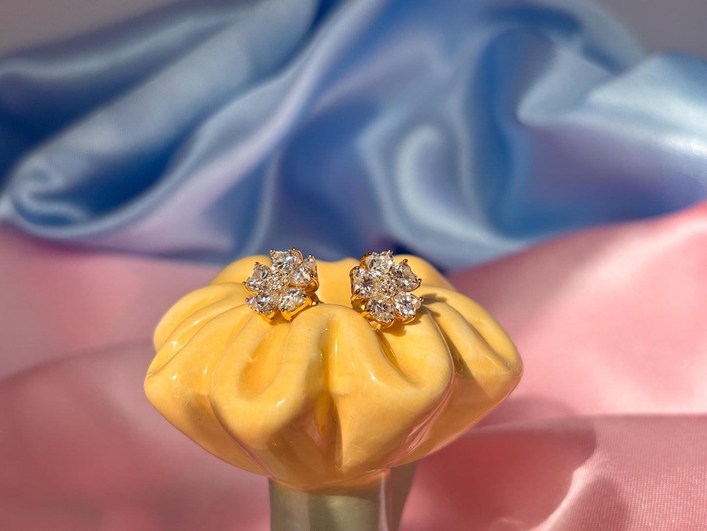 18K Gold Plated Sterling Silver Moissanite Flower Stud Earrings, Sparkling Floral Earrings