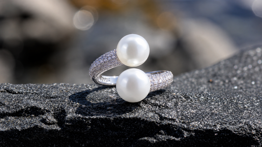 Double Freshwater Pearl Open Ring – Sterling Silver, Cubic Zirconia, Minimalist Statement Jewelry