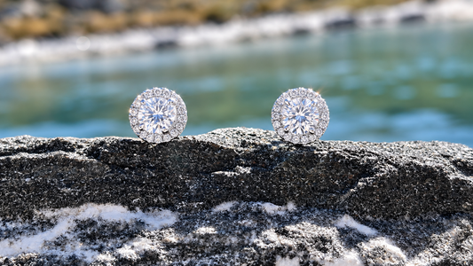 Moissanite Halo Stud Earrings 1 Carat Total, Sterling Silver Diamond Alternative Earrings