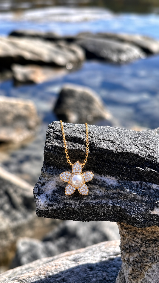 Pavé Moissanite Flower Necklace, Freshwater Pearl Pendant, Gold Plated Sterling Silver