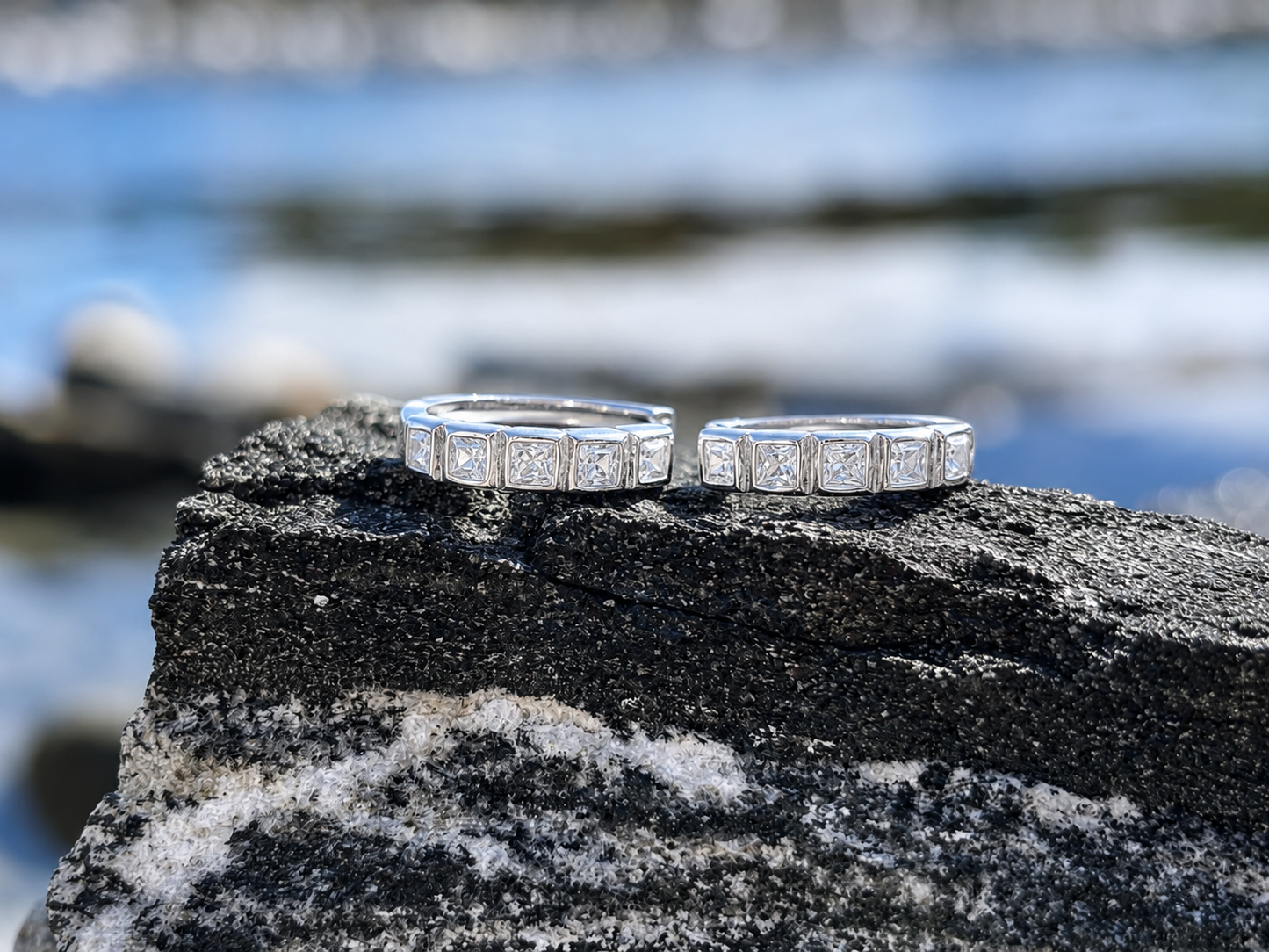 Sterling Silver Moissanite Huggie Earrings, Small Hoop Earrings with Diamond Look Stones