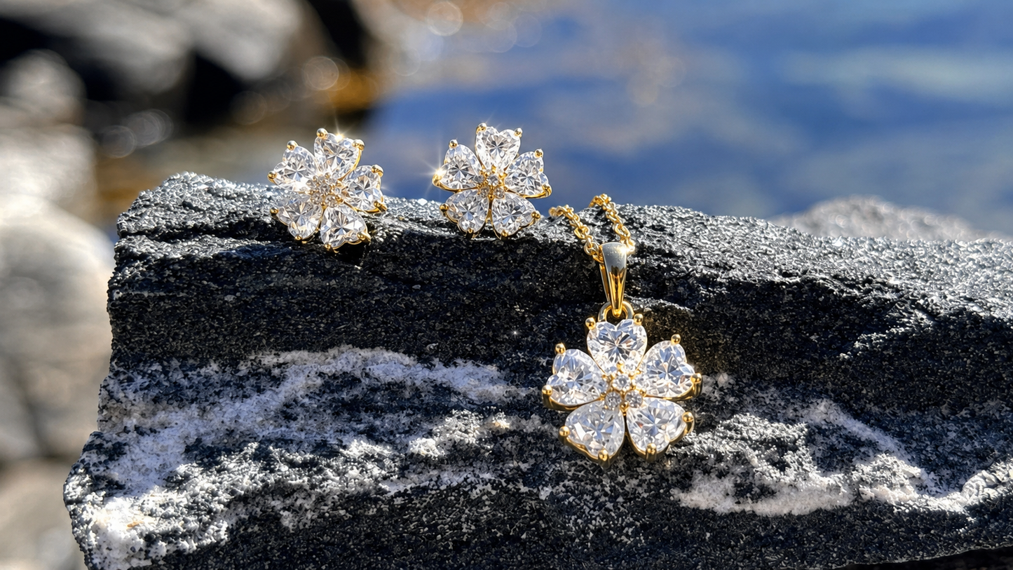Gold Plated Moissanite Flower Jewelry Set, Floral Necklace and Earrings Set, Gift for Her