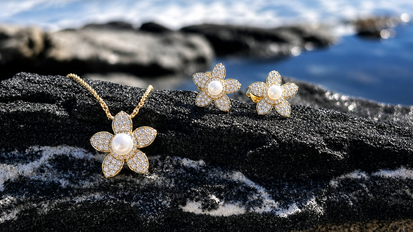 Luxury Moissanite Flower Jewelry Set, Pavé Pearl Necklace & Earrings in Gold Plated Silver
