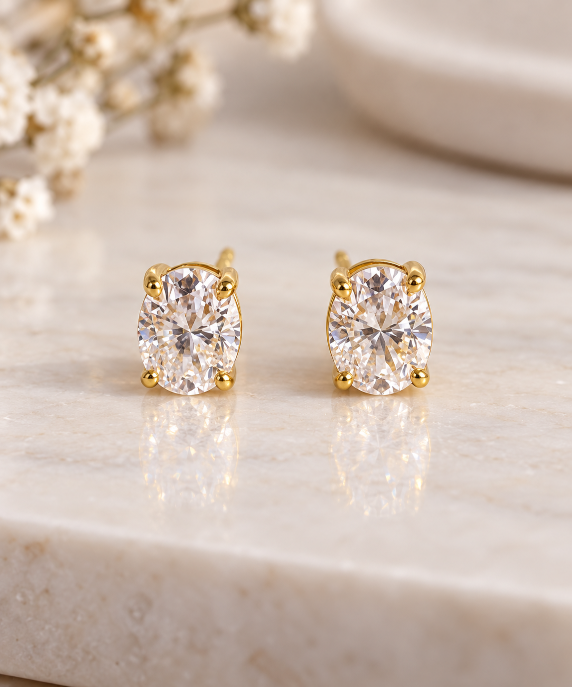 1CT Oval Moissanite Halo Stud Earrings, 18K Gold Plated Argentium Sterling Silver