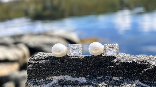 Freshwater Pearl Cubic Zirconia Stud Earrings – 925 Sterling Silver Jewellery