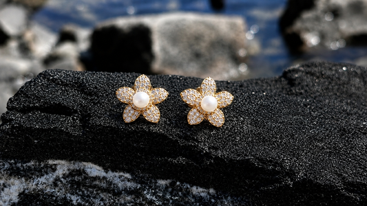 Delicate Pavé Moissanite Flower Stud Earrings, Freshwater Pearl Earrings, Gold Plated Sterling Silver