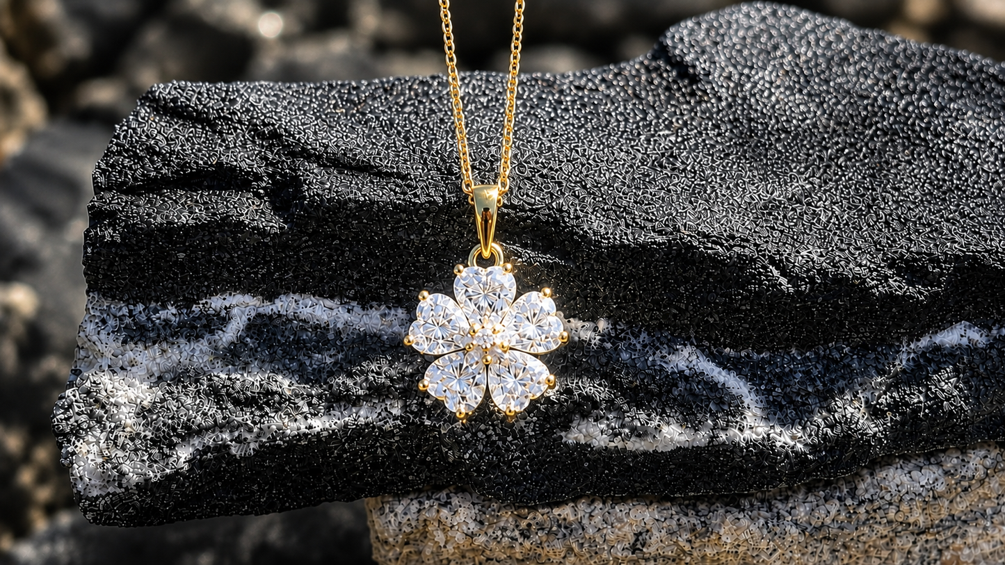 18K Gold Plated Moissanite Flower Necklace, Sterling Silver Floral Pendant, Sparkling Gift for Her