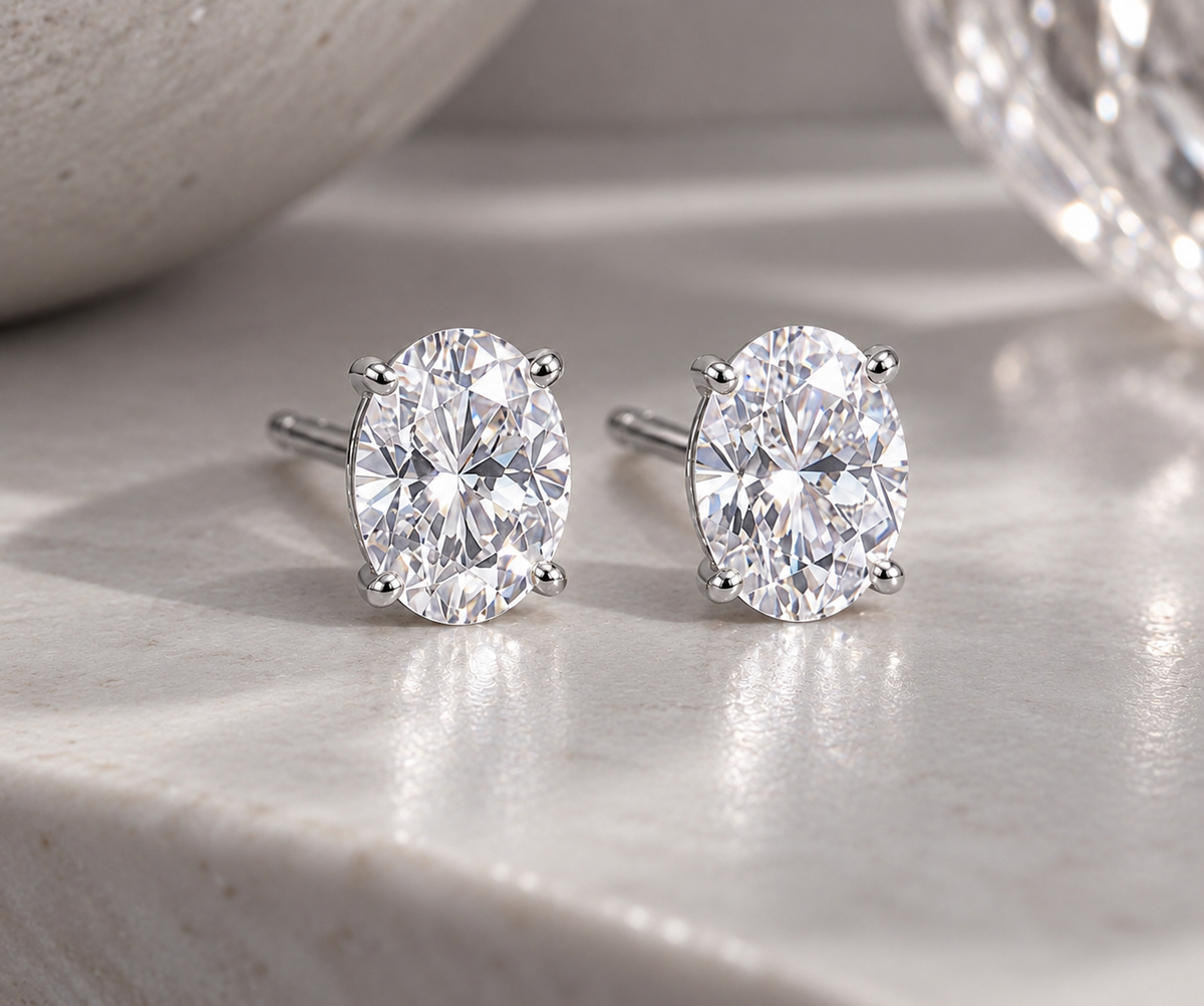 1 Carat Oval Moissanite Halo Stud Earrings | Argentium 925 Sterling Silver