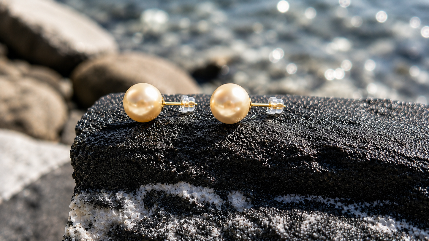 Certified Golden South Sea Pearl Stud Earrings, 18K Solid Gold, Minimalist Fine Jewellery
