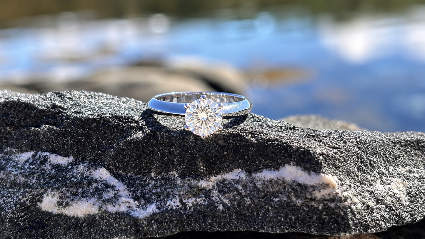 Moissanite Halo Engagement Ring, 1 Carat Sterling Silver Ring, Classic Solitaire Style.