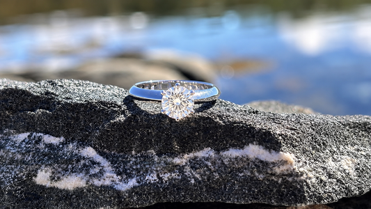 Moissanite Halo Engagement Ring, 1 Carat Sterling Silver Ring, Classic Solitaire Style.