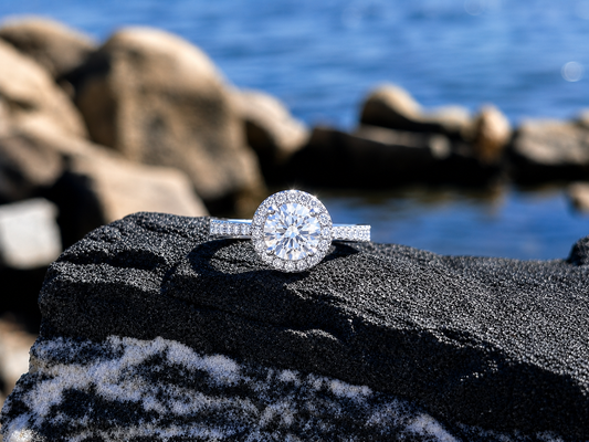 Halo Moissanite engagement Ring. 1 Carat Sterling Silver Bridal Jewelry. Lab Grown Diamond Alternative