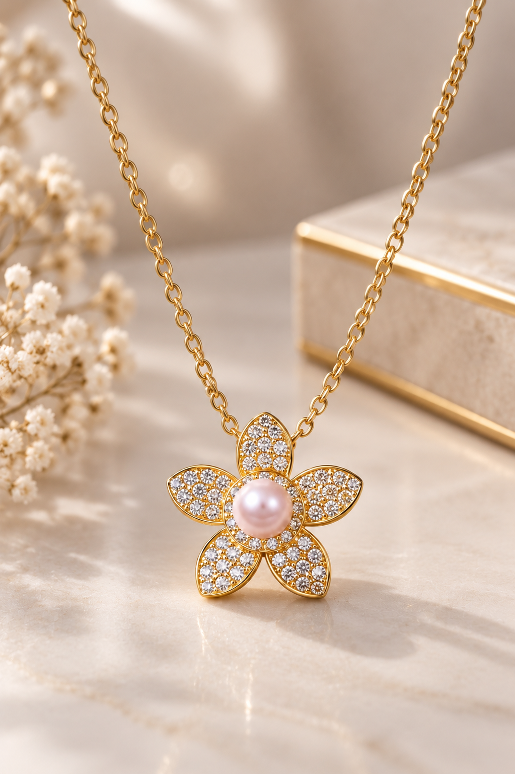 Pavé Moissanite Flower Necklace with Freshwater Pearl, 18K Gold Plated Sterling Silver