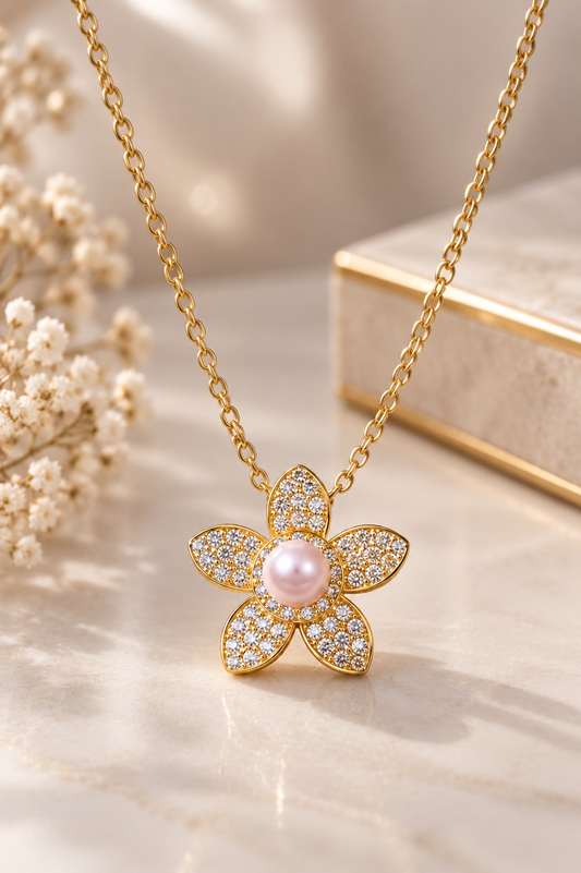 Pavé Moissanite Flower Necklace with Freshwater Pearl, 18K Gold Plated Sterling Silver