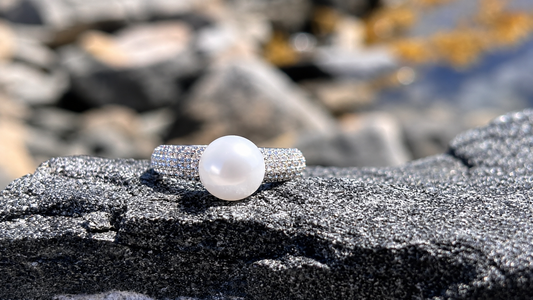 Freshwater Pearl Ring with CZ – Sterling Silver Pavé Band, Adjustable Elegant Jewelry