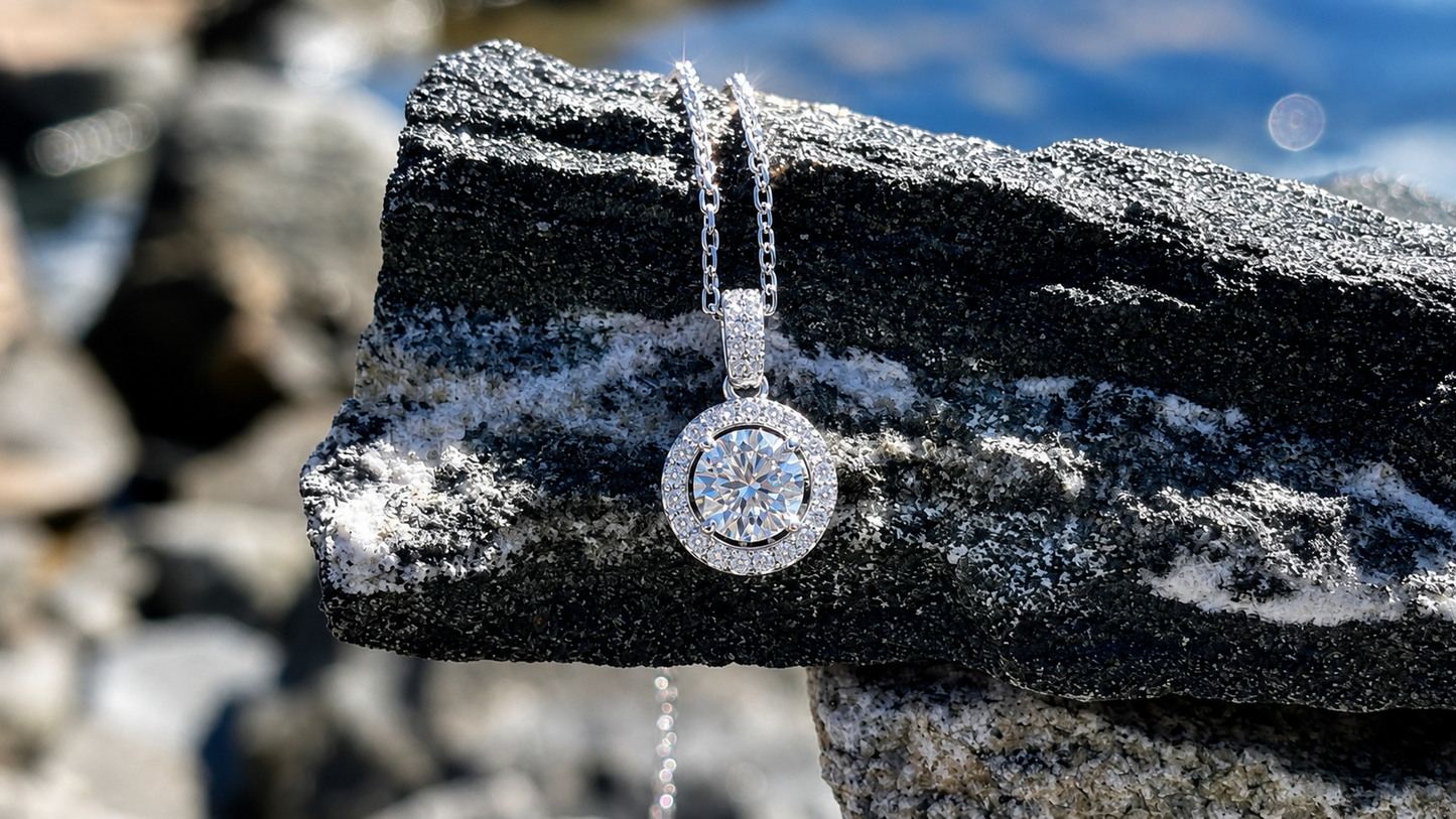 1 Carat Moissanite Halo Necklace, Dainty Everyday Pendant, 18K White Gold Plated Silver Gift