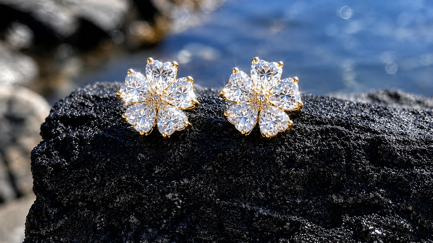 18K Gold Plated Sterling Silver Moissanite Flower Stud Earrings, Sparkling Floral Earrings