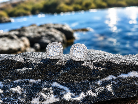 Cushion Cut Moissanite Halo Stud Earrings 1 Carat, Sterling Silver Diamond Alternative Bridal Earrings