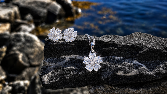 2 Carat Moissanite Flower Necklace Earrings Set, Sterling Silver Floral Jewelry