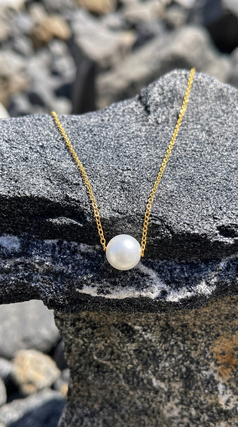 18K Solid Gold Floating Pearl Necklace, Minimalist Freshwater Pendant, Hallmarked Fine Jewelry
