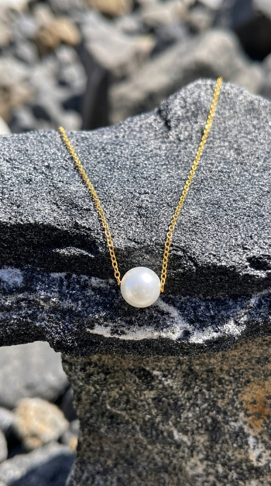 18K Solid Gold Floating Pearl Necklace, Minimalist Freshwater Pendant, Hallmarked Fine Jewelry