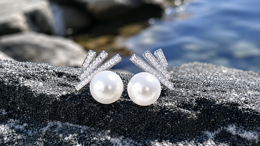 Freshwater Pearl Stud Earrings, 925 Sterling Silver, CZ Bar, Minimalist Elegant Jewelry