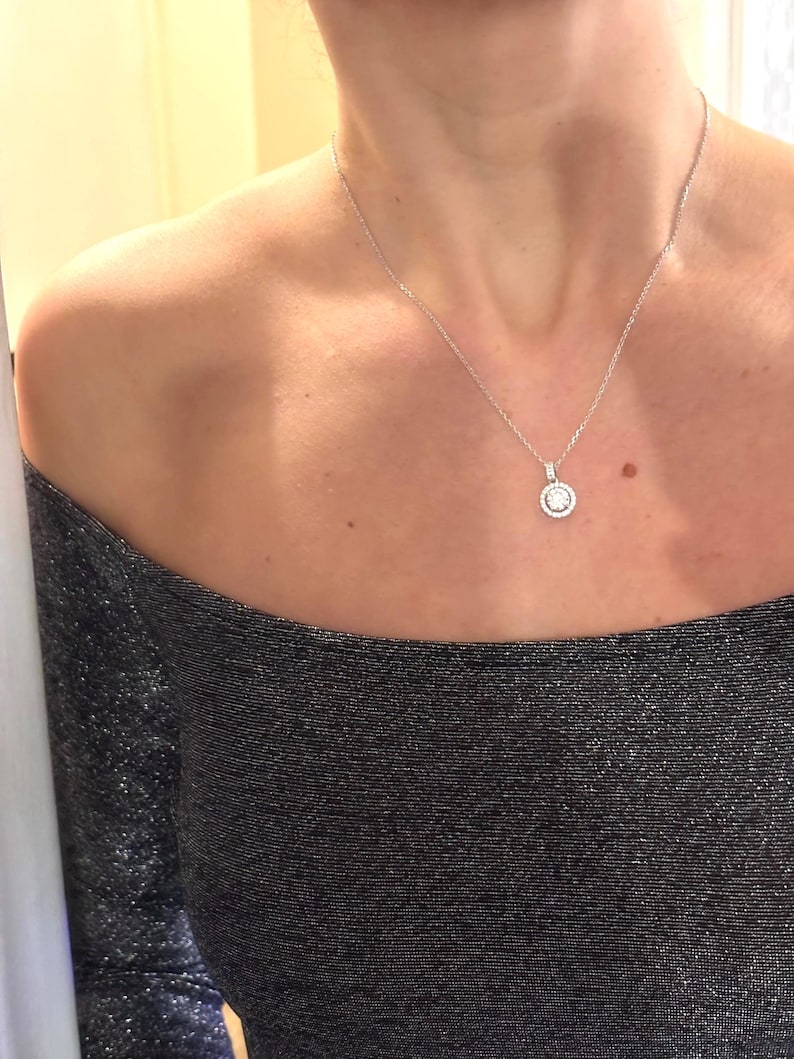 1 Carat Moissanite Halo Necklace, 18K White Gold Plated Sterling Silver Pendant