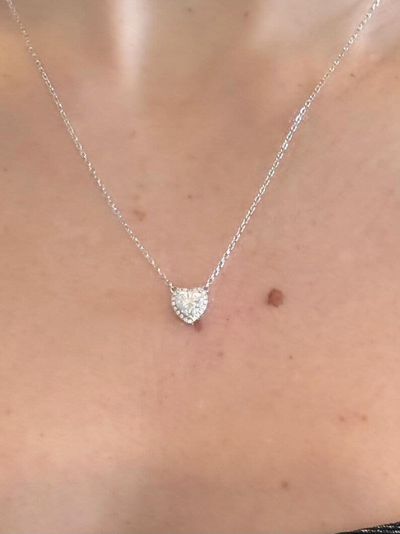 1CT Heart Moissanite Necklace | 18K White Gold-Plated Halo Pendant