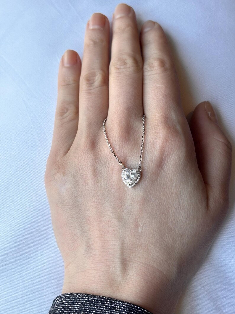 1CT Heart Moissanite Necklace | 18K White Gold-Plated Halo Pendant