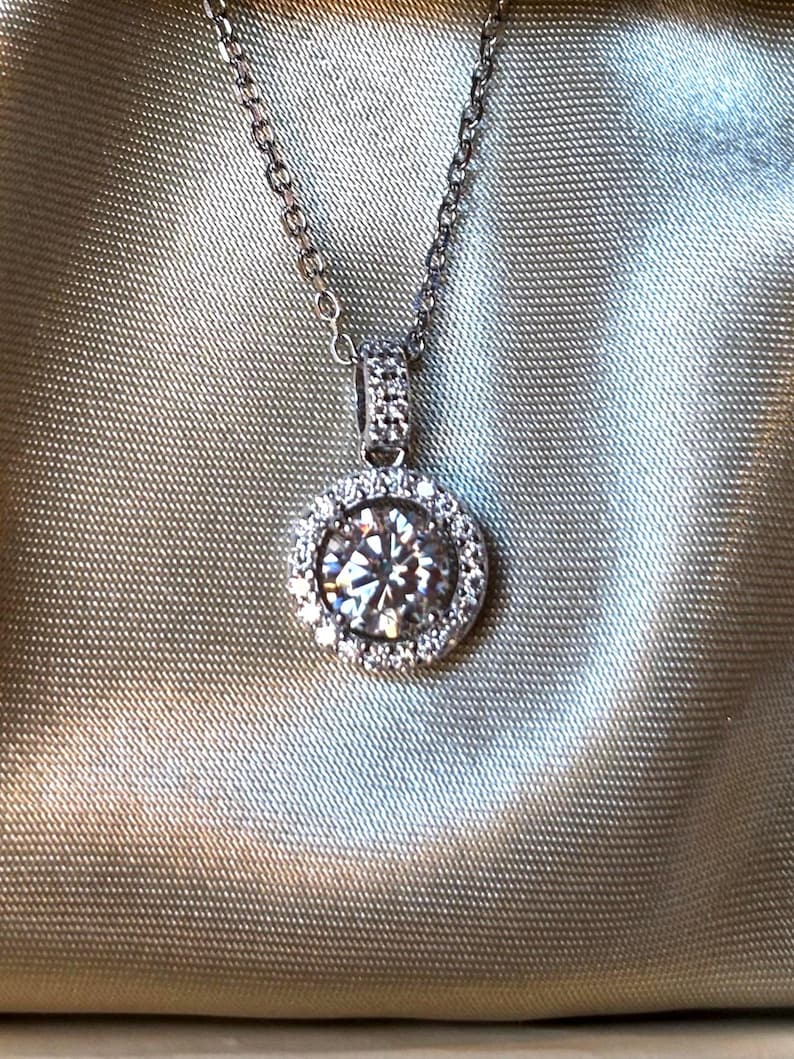 1 Carat Moissanite Halo Necklace, 18K White Gold Plated Sterling Silver Pendant