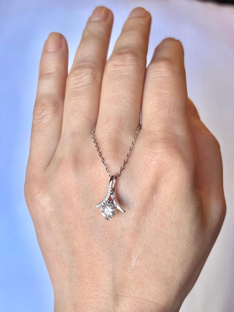 1CT Moissanite Drop Pendant Necklace | 18K White Gold-Plated Halo Jewelry