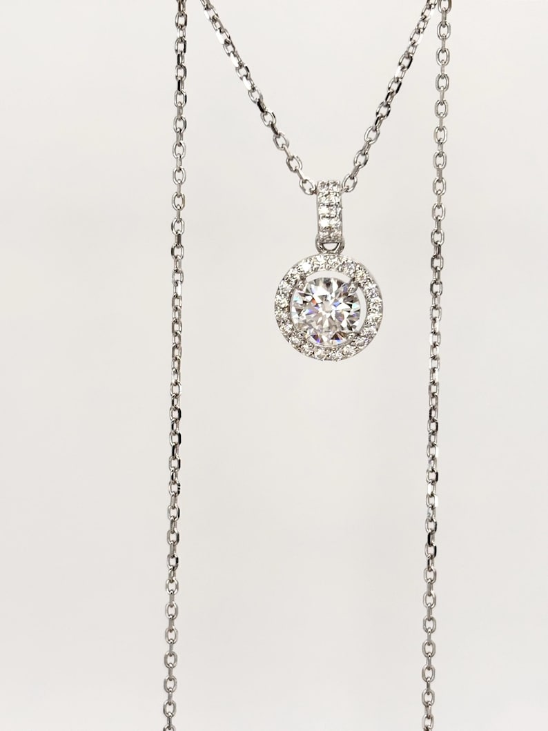 1 Carat Moissanite Halo Necklace, 18K White Gold Plated Sterling Silver Pendant