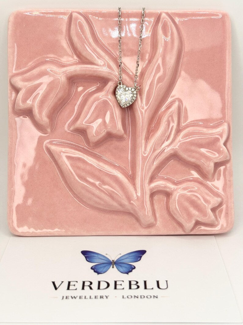 1CT Heart Moissanite Necklace | 18K White Gold-Plated Halo Pendant