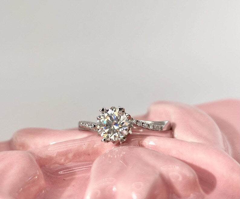 1 Carat Round Moissanite Halo Ring, 925 Sterling Silver Engagement Ring