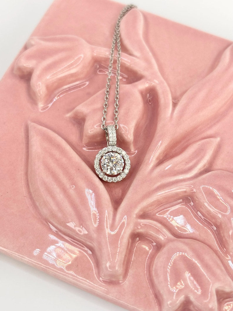 1 Carat Moissanite Halo Necklace, 18K White Gold Plated Sterling Silver Pendant