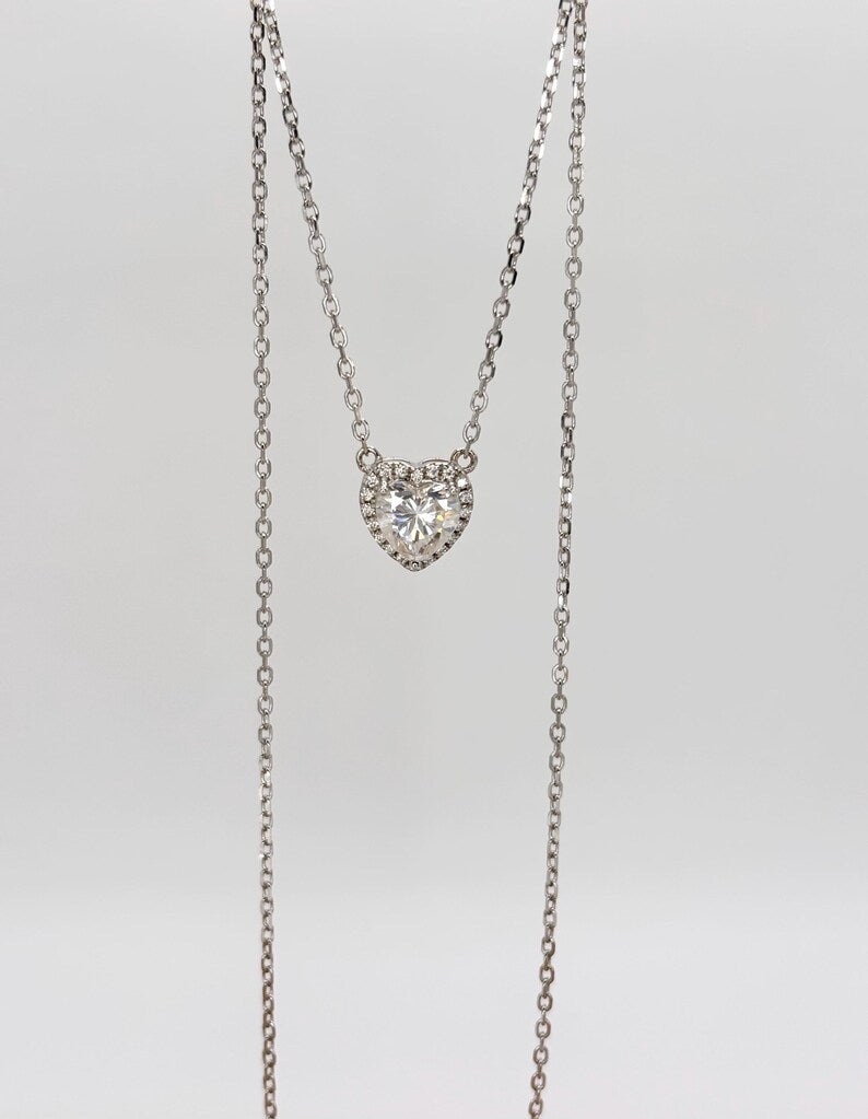 1CT Heart Moissanite Necklace | 18K White Gold-Plated Halo Pendant