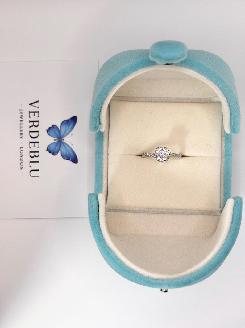 1 Carat Round Moissanite Halo Ring, 925 Sterling Silver Engagement Ring