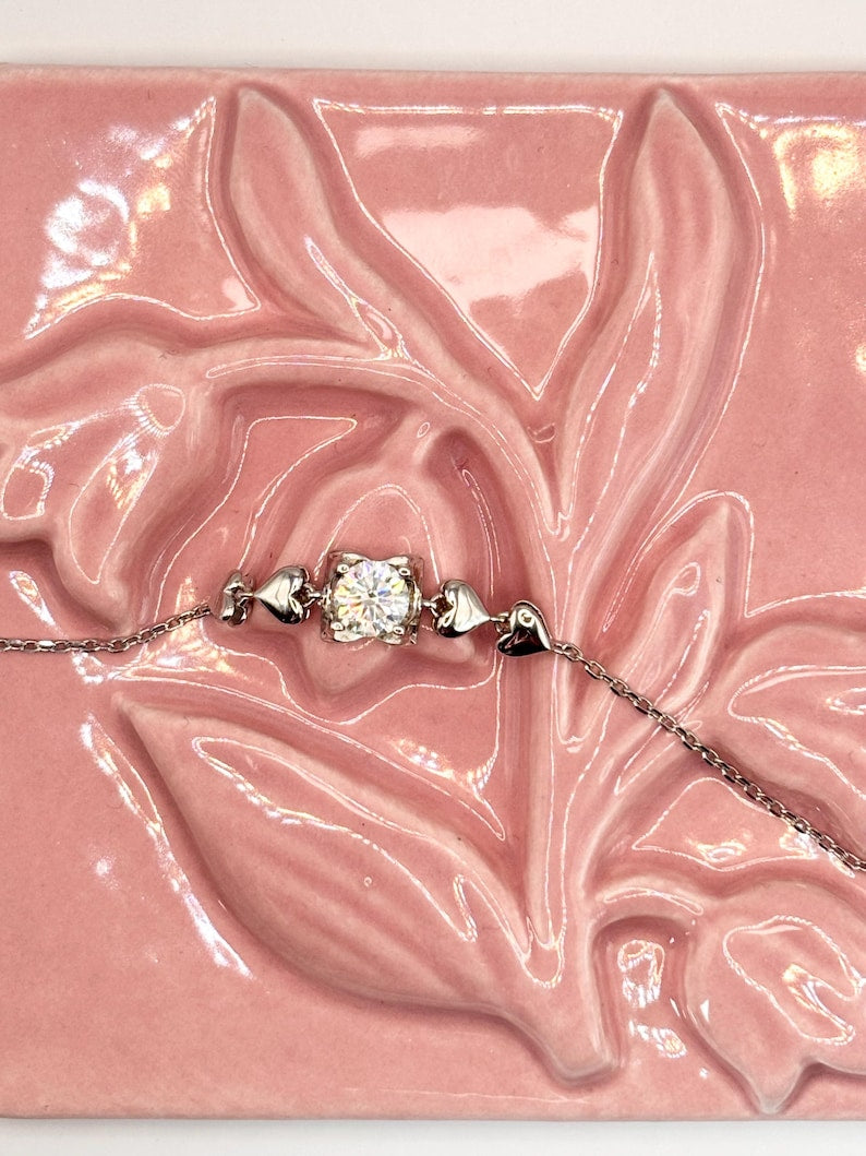 1 Carat Moissanite Heart Bracelet, 925 Sterling Silver, Dainty Romantic Jewelry